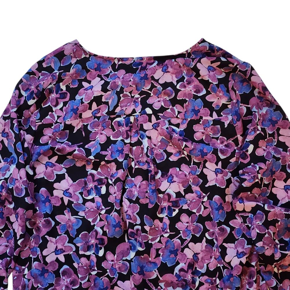 Liz Claiborne Womens Blouse Size L Purple Floral Long Sleeve Button Down V-Neck - Picture 7 of 8